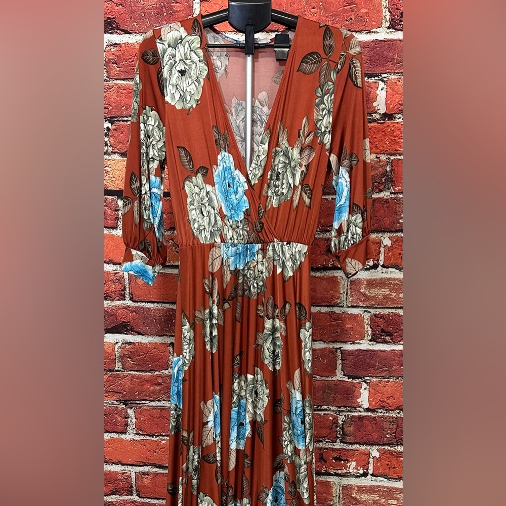 BURU DRESS WOMENS SIZE L TALL LONG BROWN BLUE FLORAL BOHEMIAN CHIC SOFT MAXI - Picture 2 of 14